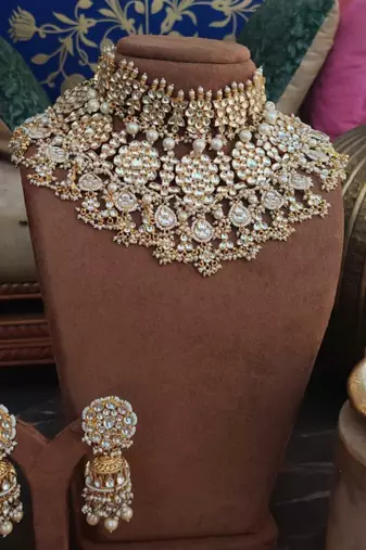 Yellow And White Jadtar Stone Double Necklace Set With Stone Hangingsand Pearls