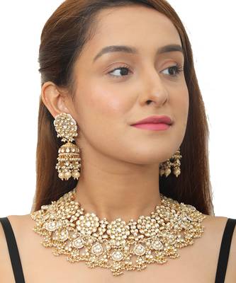 Yellow And White Jadtar Stone Double Necklace Set With Stone Hangingsand Pearls 4