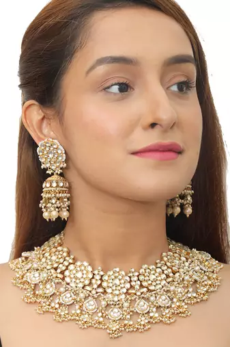 Yellow And White Jadtar Stone Double Necklace Set With Stone Hangingsand Pearls