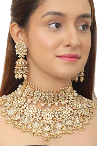 Yellow And White Jadtar Stone Double Necklace Set With Stone Hangingsand Pearls
