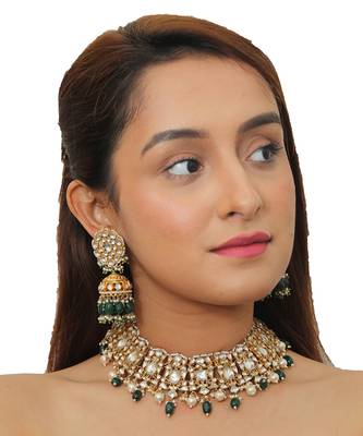 Choker Necklace Set With Pearl And Emerald Green Beads, Studded With White Jadtar Stones 2