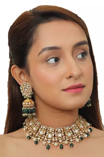 Choker Necklace Set With Pearl And Emerald Green Beads, Studded With White Jadtar Stones