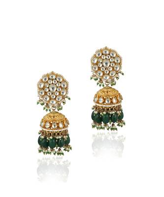 Choker Necklace Set With Pearl And Emerald Green Beads, Studded With White Jadtar Stones 3