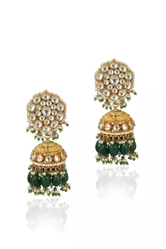 Choker Necklace Set With Pearl And Emerald Green Beads, Studded With White Jadtar Stones