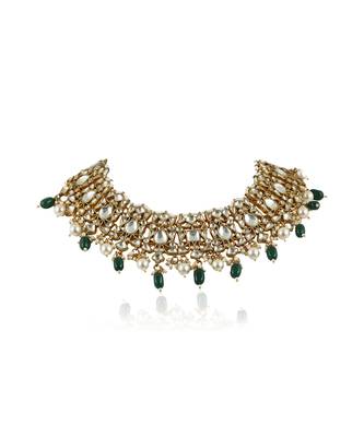 Choker Necklace Set With Pearl And Emerald Green Beads, Studded With White Jadtar Stones 4