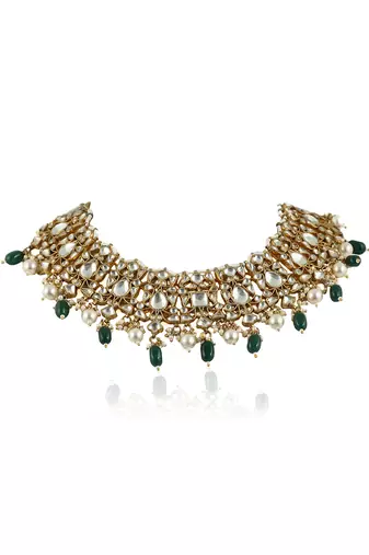 Choker Necklace Set With Pearl And Emerald Green Beads, Studded With White Jadtar Stones
