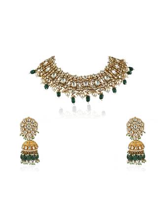 Choker Necklace Set With Pearl And Emerald Green Beads, Studded With White Jadtar Stones 5