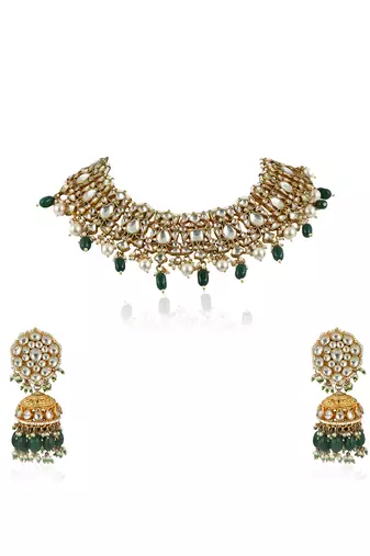 Choker Necklace Set With Pearl And Emerald Green Beads, Studded With White Jadtar Stones