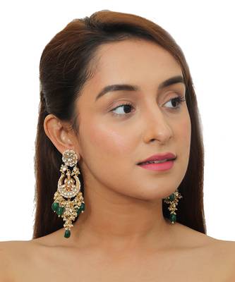 White Jadtar Stone Necklace Set With Green Beads 2