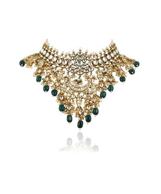 White Jadtar Stone Necklace Set With Green Beads 3
