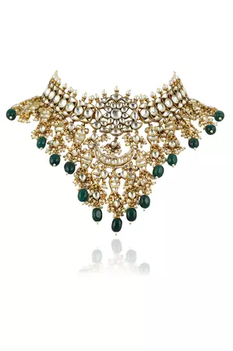 White Jadtar Stone Necklace Set With Green Beads