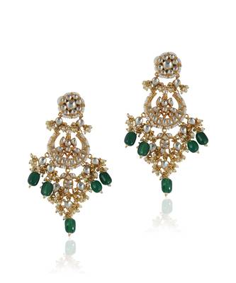 White Jadtar Stone Necklace Set With Green Beads 4