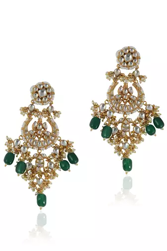 White Jadtar Stone Necklace Set With Green Beads