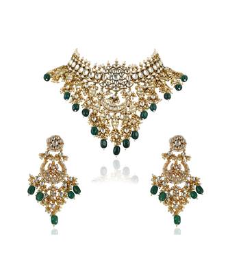 White Jadtar Stone Necklace Set With Green Beads 5