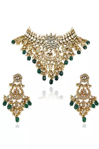 White Jadtar Stone Necklace Set With Green Beads