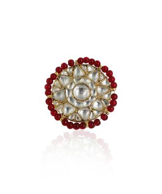 Red Moti Work White Jadtar Stone Ring 2