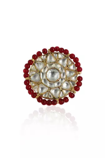 Red Moti Work White Jadtar Stone Ring