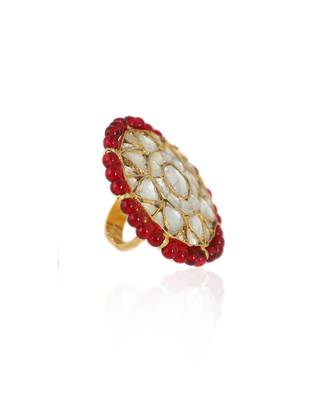 Red Moti Work White Jadtar Stone Ring 3