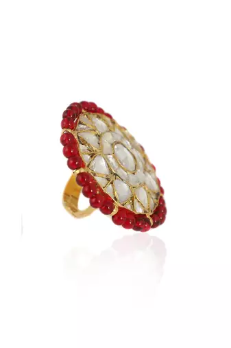 Red Moti Work White Jadtar Stone Ring