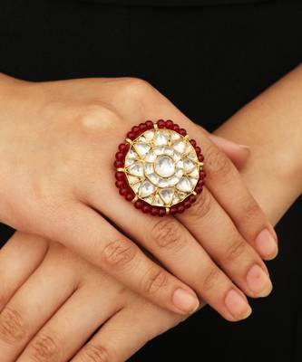 Red Moti Work White Jadtar Stone Ring 1