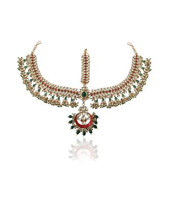 Heavy Mathapatti Studded With White ,Red & Green Jadtar Stone Beaded With Tiny Pearls And Emeralds 2