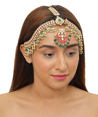 Heavy Mathapatti Studded With White ,Red & Green Jadtar Stone Beaded With Tiny Pearls And Emeralds 1