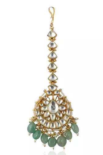 White Stone Tikka With Beaded Sea Green Beads