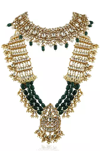 White And Green Double Layered Necklace Set