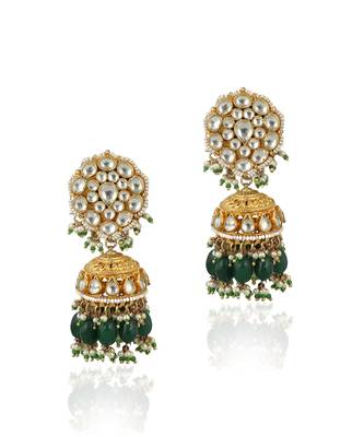 White Flower Green Beads White Jadtar Stone Necklace Set 2