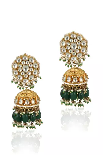 White Flower Green Beads White Jadtar Stone Necklace Set