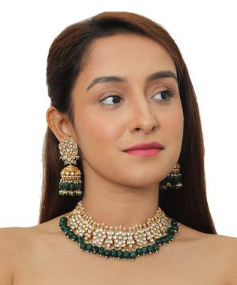 White Flower Green Beads White Jadtar Stone Necklace Set 1