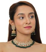 White Flower Green Beads White Jadtar Stone Necklace Set