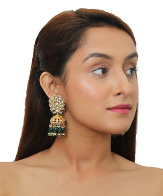 White Flower Green Beads White Jadtar Stone Necklace Set 3