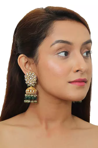 White Flower Green Beads White Jadtar Stone Necklace Set