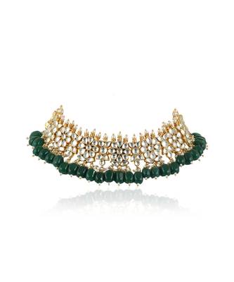 White Flower Green Beads White Jadtar Stone Necklace Set 4