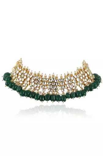 White Flower Green Beads White Jadtar Stone Necklace Set