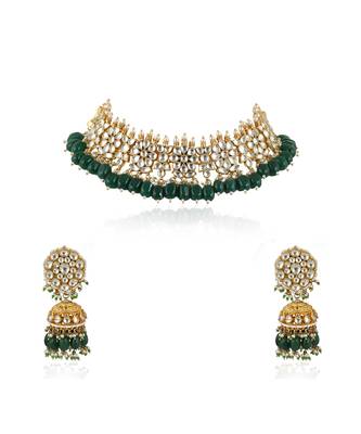 White Flower Green Beads White Jadtar Stone Necklace Set 5