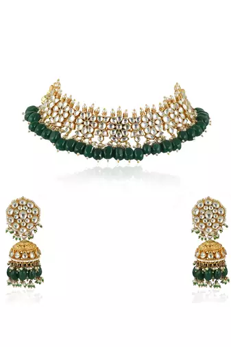 White Flower Green Beads White Jadtar Stone Necklace Set