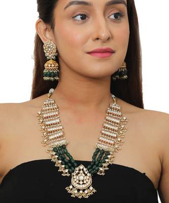 Long Necklace Set With Green Beads And White Jadtar Stone 1