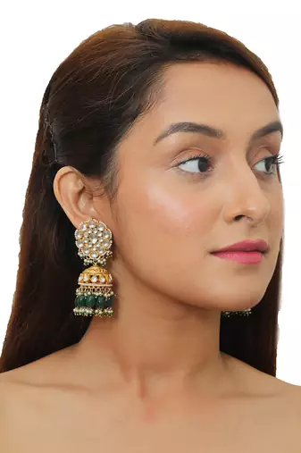 Long Necklace Set With Green Beads And White Jadtar Stone