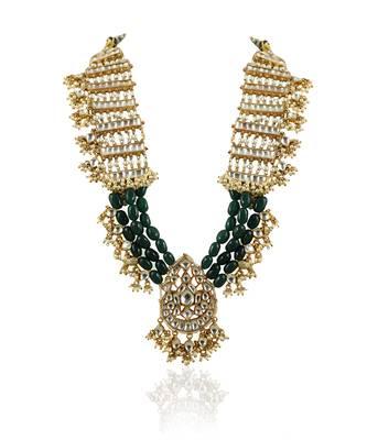 Long Necklace Set With Green Beads And White Jadtar Stone 3