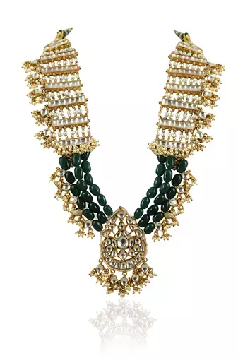 Long Necklace Set With Green Beads And White Jadtar Stone