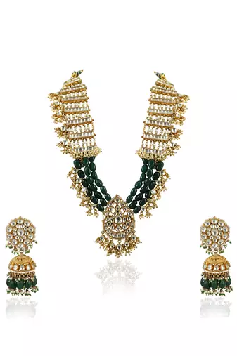 Long Necklace Set With Green Beads And White Jadtar Stone