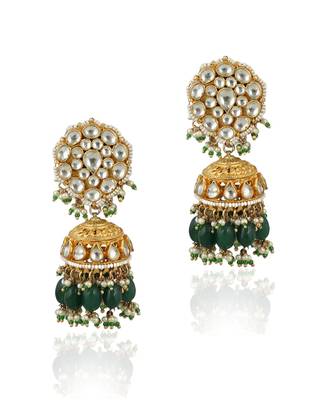 Long Necklace Set With Green Beads And White Jadtar Stone 5