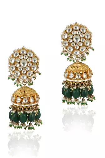 Long Necklace Set With Green Beads And White Jadtar Stone