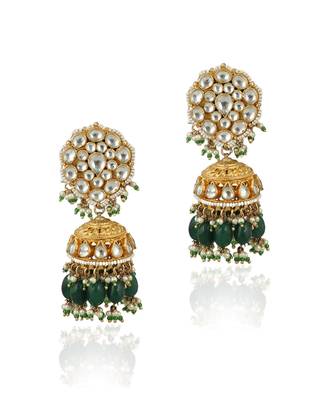 Jadtar Stone Earrings With Jhumkis In Pearls And Green 2