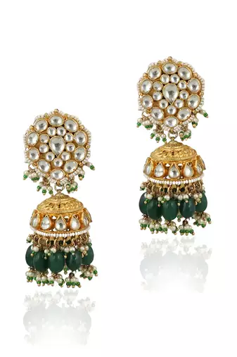 Jadtar Stone Earrings With Jhumkis In Pearls And Green