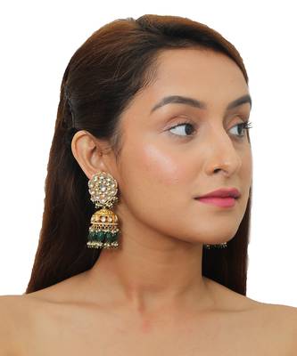 Jadtar Stone Earrings With Jhumkis In Pearls And Green 1