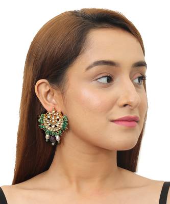 Sea Green Bead Earring White Jadtar Stone And Purple Bead 1