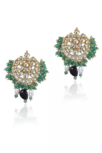 Sea Green Bead Earring White Jadtar Stone And Purple Bead